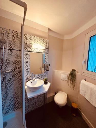 une salle de bain avec un lavabo, une douche et des toilettes dans l'établissement Hôtel Anatole France, à Toulouse