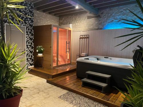 duża łazienka z wanną i kilkoma roślinami w obiekcie Gîte 3* Piscine Spa entre ZOO BEAUVAL FUTUROSCOPE CHATEAUX LOIRE w mieście Sainte-Maure-de-Touraine