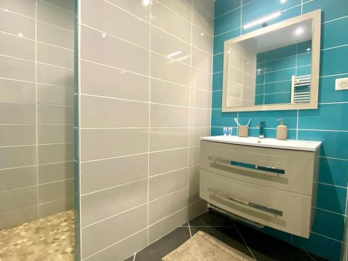 une salle de bain avec un lavabo et un miroir dans l'établissement Bel appartement avec vue sur les monuments Ponot, à Espaly-Saint-Marcel