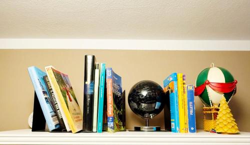 a shelf with books and a ball and a globe at Il Noce Appartamento in Monclassico