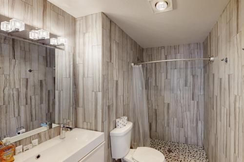 un baño con inodoro y ducha en Slalom Run Mountain Home, en Sandpoint