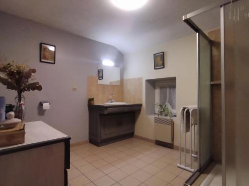a bathroom with a sink and a shower at Maison au cœur d'un petit village in Goutrens