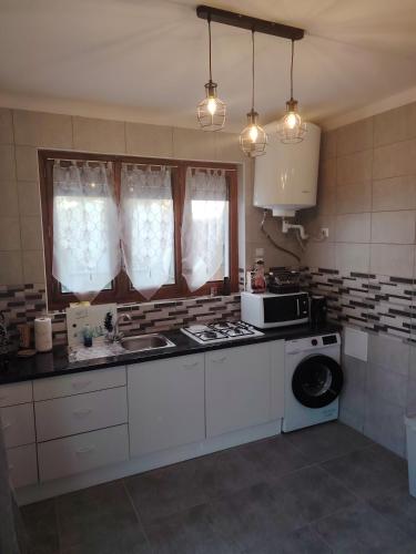 une cuisine avec un lave-linge et un micro-ondes dans l'établissement Joli appartement proche transport, à Vénissieux