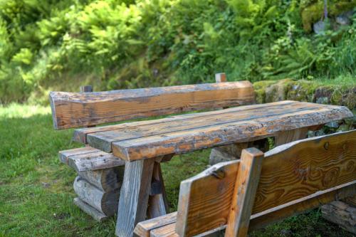 a wooden bench sitting on top of a field at Fuchsmichelhof 3 in Seebach