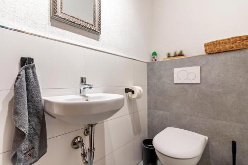 a small bathroom with a sink and a toilet at Fuchsmichelhof 3 in Seebach