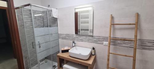 a bathroom with a sink and a glass shower at Casa Faét in Adro