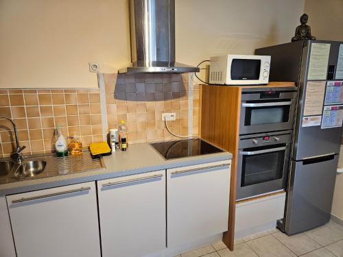 a kitchen with a microwave oven and a sink at THAI GARDEN 6pers in Tellin