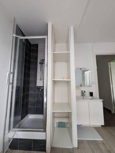 une salle de bain blanche avec une douche et un lavabo dans l'établissement Cozy apartment, 8 guests, à Grenoble
