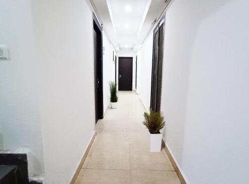 a hallway with two potted plants on the walls at Hotel Prime By The Premium Villa in New Delhi