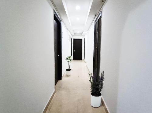 a corridor with two potted plants in a building at Hotel Prime By The Premium Villa in New Delhi
