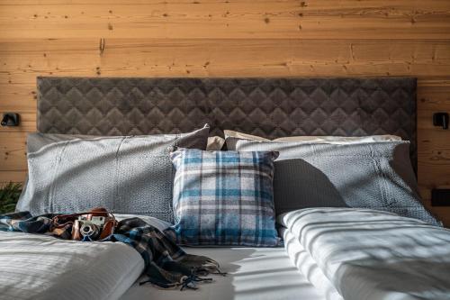 a couch with two pillows and a camera on it at Arnica Alpin Lodge in Cavedago