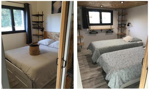 two pictures of a room with two beds and two windows at L'Attellu di Babbu in Lecci