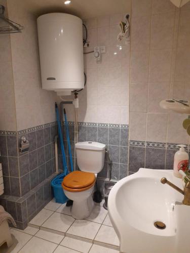 une salle de bain avec toilettes, lavabo et baignoire dans l'établissement Maison charmante à Boussy-Saint-Antoine, 54 m², confort, à Boussy-Saint-Antoine