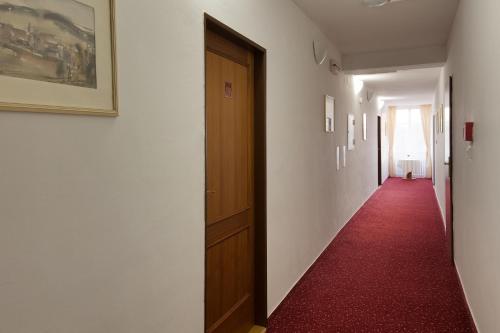 a hallway with a red carpet and a door at Hotel U Černého orla in Telč