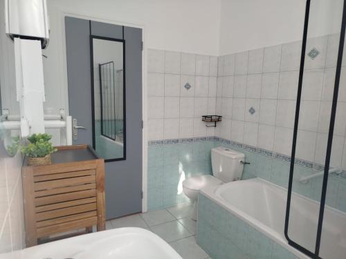 a bathroom with a tub and a toilet and a sink at Au refuge de la baie in Pontorson
