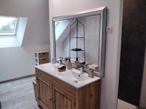 une salle de bain avec un lavabo et un grand miroir dans l'établissement Le morvan de serge, à Saint-Brancher