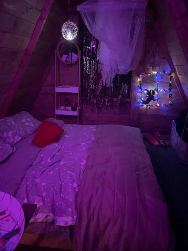 a bedroom with a purple bed in a attic at La fatina Lodge in Barga