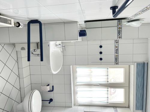 a bathroom with a toilet and a window at Achtern Diek Haus 15d Wohnung 3 in Zingst