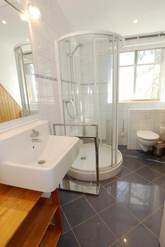 a bathroom with a sink and a shower and a toilet at Haus Kiek Över 9 in Zingst