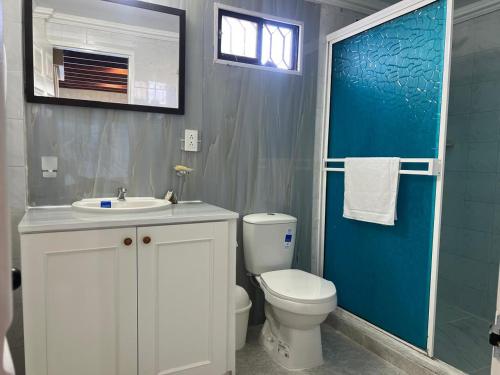 a bathroom with a toilet and a sink and a blue door at HNH Hotel Luxury Experiencia Vip in San Andrés
