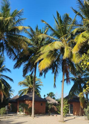 two palm trees in front of a building at Hôtel Nanaay in Palmarin