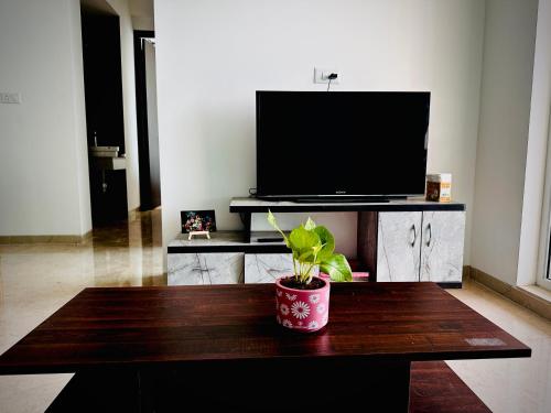 a living room with a television and a potted plant on a table at Corporate Stays in Navi Mumbai