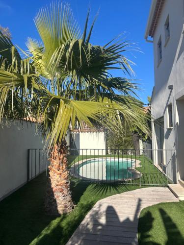 un palmier dans une cour à côté d'une clôture dans l'établissement Maison moderne avec piscine, à Sanary-sur-Mer