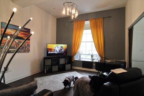 a living room with a dog sitting in front of a tv at Ayr Apartment with Sea and Countryside views in Ayr