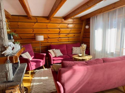 a living room with pink couches and a table at BUKOWA Jezioro Żywieckie Beskid Żywiecki Śląski Sauna Jacuzzi Kominek Morsowanie Tresna Żywiec Szczyrk in Tresna