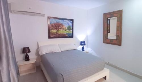a white bedroom with a bed and a mirror at Hostel Gato Colonial in Santo Domingo