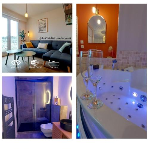 two pictures of a living room and a bathroom with a tub at Au Clair De Lune in Pléneuf-Val-André