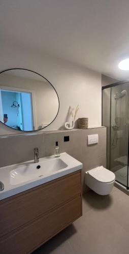a bathroom with a sink and a toilet and a mirror at Bungalow Green Park in Benz