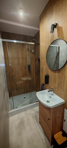 Un baño con ducha, lavabo y espejo. en Secret BDSM 69, en Katowice