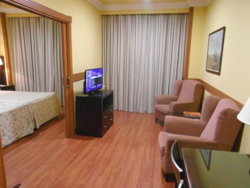 a hotel room with a bed and a tv and chairs at Hotel II Castillas Ávila in Avila