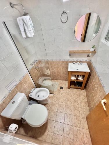 a bathroom with a toilet and a shower and a sink at Apart Las Carretas in El Calafate