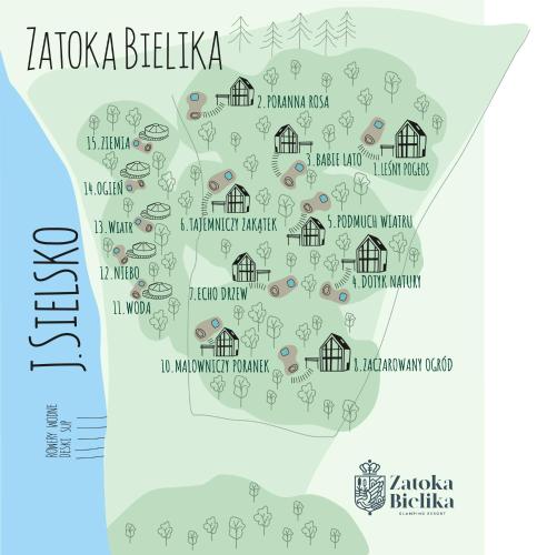 a map of kota bharuja with houses and trees at Zatoka Bielika Glamping in Sielsko