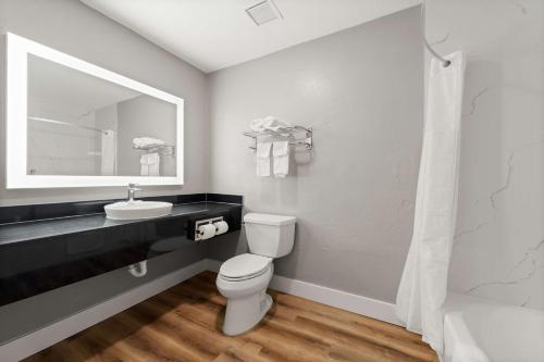 a bathroom with a toilet and a sink and a mirror at Motel 6-Rosenberg, TX in Rosenberg