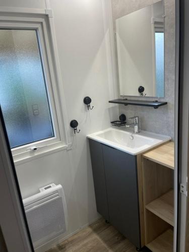 a bathroom with a sink and a mirror at Mobile-home 6-8 personnes camping Les viviers in Lège-Cap-Ferret