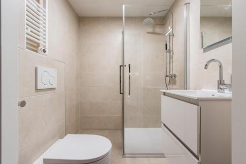 a bathroom with a shower and a toilet and a sink at City Apartments Nijmegen in Nijmegen