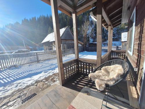 a dog laying on a bench on a porch at Dávid Erzsi háza, Gyimesközéplok in Lunca de Jos