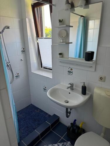 a bathroom with a sink and a toilet and a mirror at Haus Sonnenschein in Zingst in Zingst