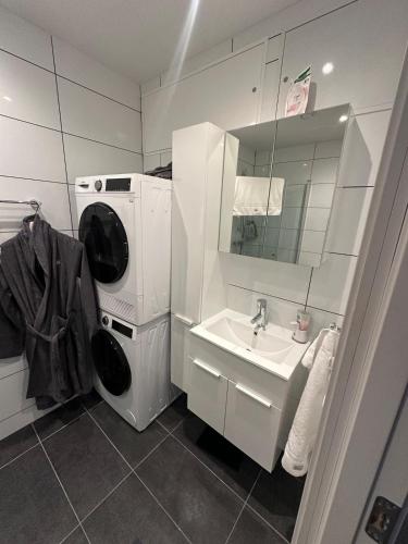 a bathroom with a washing machine and a sink at Luxury Apartment,close to city in Örebro