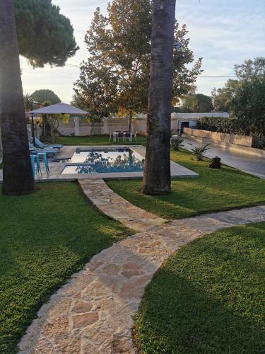 a walkway in a park with two palm trees at villa eri in Kalamákion