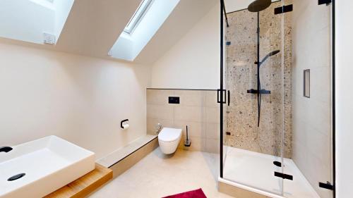 a bathroom with a shower and a toilet and a sink at Apt 11 No 8A BoardingHouse Lüneburg in Lüneburg