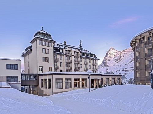 a hotel in the snow with a mountain in the background at Hotel Mürren Palace in Mürren