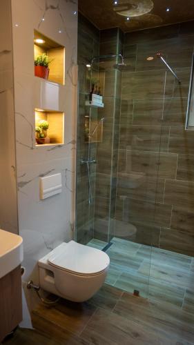 a bathroom with a toilet and a glass shower at SM Exclusive Apartments in Visoko