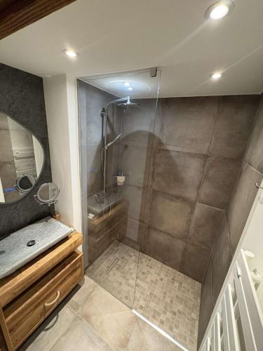 une salle de bain avec une douche avec un lavabo et un miroir dans l'établissement Apartment Le Monde des Neiges, à Saint-Étienne-de-Tinée