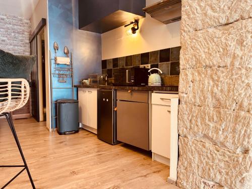 - une cuisine équipée d'appareils en acier inoxydable dans l'établissement La Tannerie, centre historique, fibre, ESS, rez-de-chaussée, BedinShop, à Romans-sur-Isère