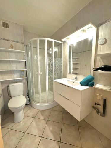 une salle de bain avec une douche, des toilettes et un lavabo dans l'établissement La Mouette - Plein Centre Ville, à La Grande Motte