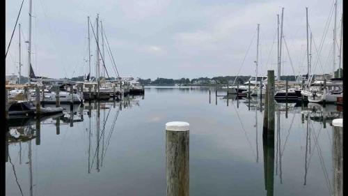 a group of boats docked at a dock in the water at A Luxurious Retreat in Mystic Ct in Groton